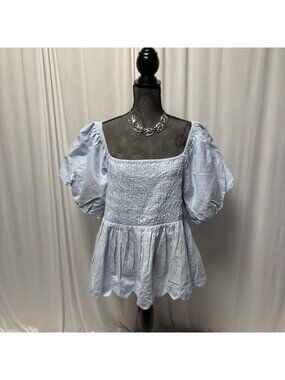 Simply Southern Smocked Peplum Top Womens XXL Light Blue Puff Sleeve Cottagecore